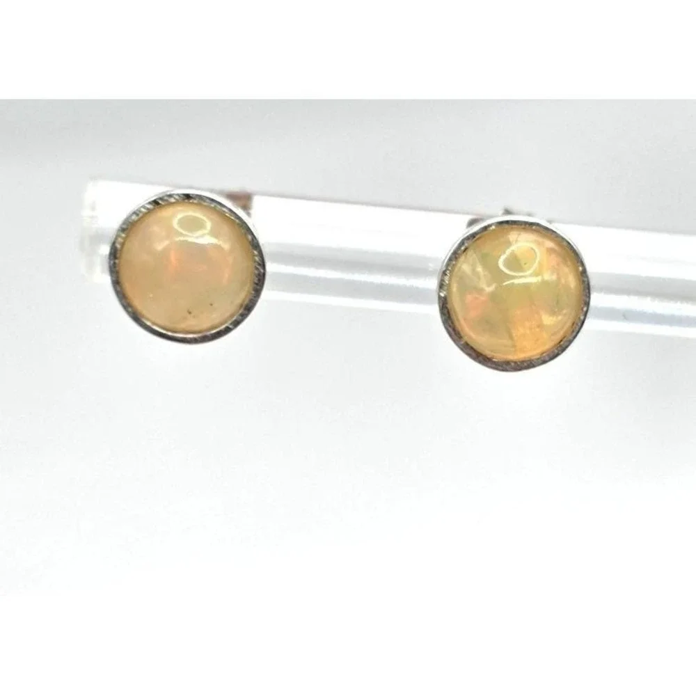 Natural Ethiopian Opal Stud Earrings Round 7.3 mm Sterling Silver 925 Handmade